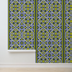 Papier Peint Bleu Jaune Blanc Rétro Ornements Design Vintage