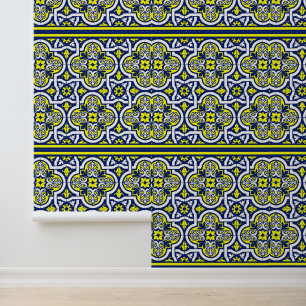 Papier Peint Bleu Jaune Blanc Rétro Ornements Vintages