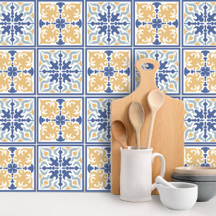 Papier Peint Bleu Jaune Mosaïque Florale Carrelage Motif Peel S