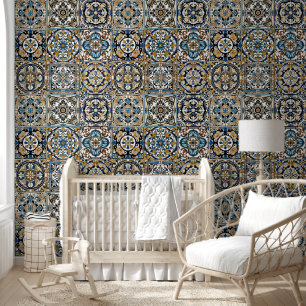 Papier Peint Bleu jaune noir Azuleju espagnol marocain