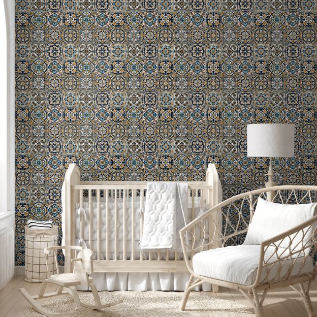 Papier Peint Bleu jaune noir Azuleju espagnol marocain (Enfants)
