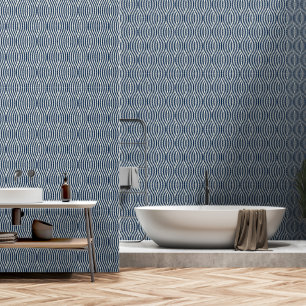 Papier Peint Bleu marine et motif ondulé blanc