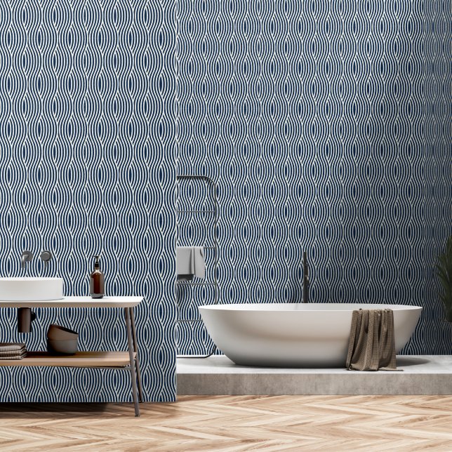 Papier Peint Bleu marine et motif ondulé blanc (Salle de bain)