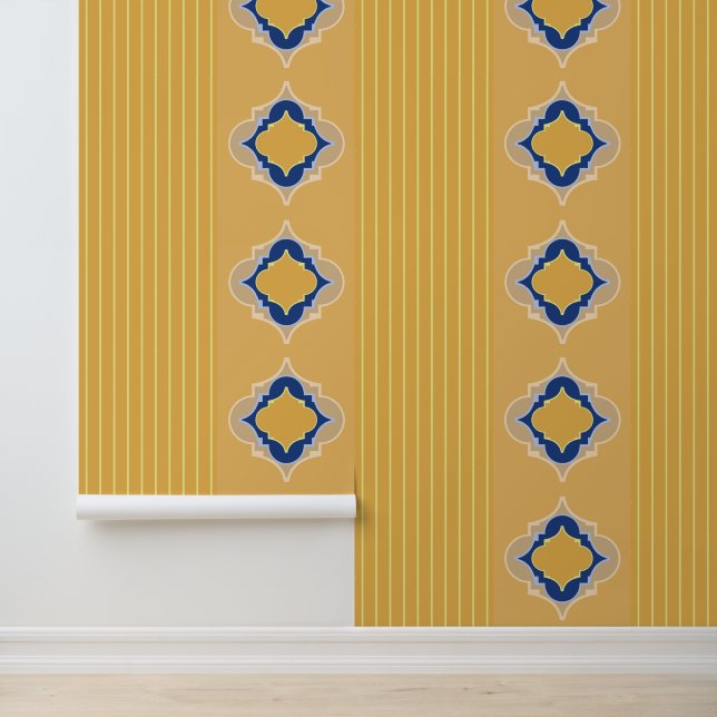Papier Peint Bleu Marocain et rayures Citrus (Application)