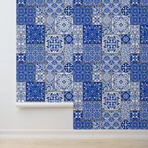 Papier Peint Bleu Méditerranéen & Blanc Azulejo Majolica Carrea