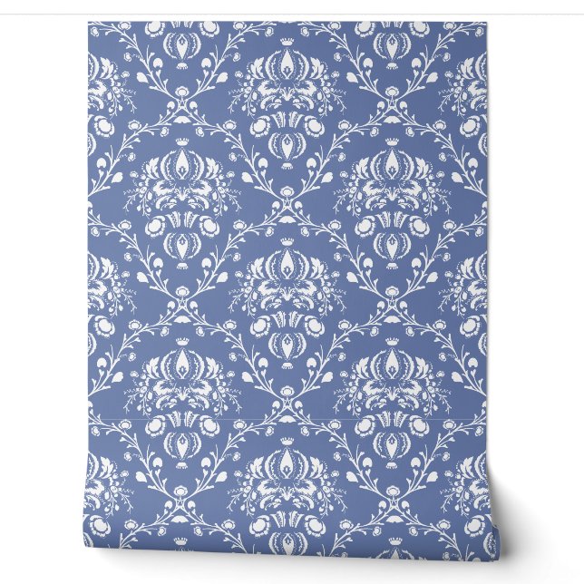 Papier Peint Bleu Myosotis et Damassé Blanc (Déroulement)