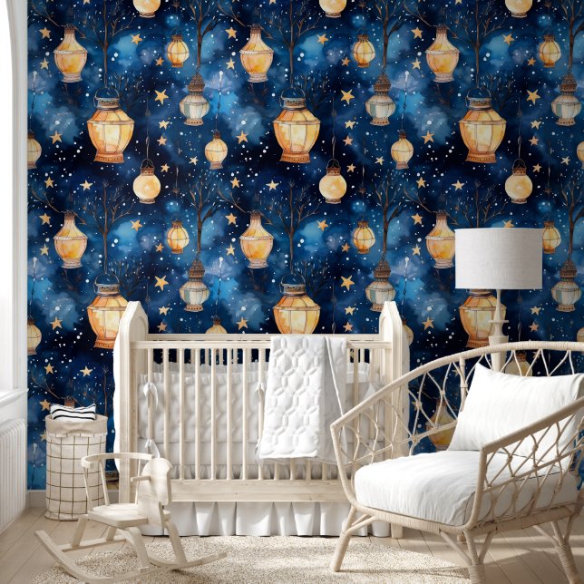 Papier Peint Bleu nuit lampes orange (Enfants)