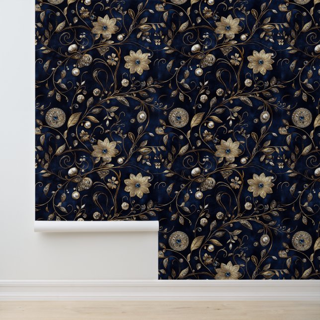 Papier Peint Bleu Nuit Or Floral Bijou (Application)