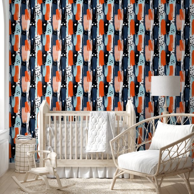 Papier Peint Bleu orange brosses Motif Abstrait (Enfants)