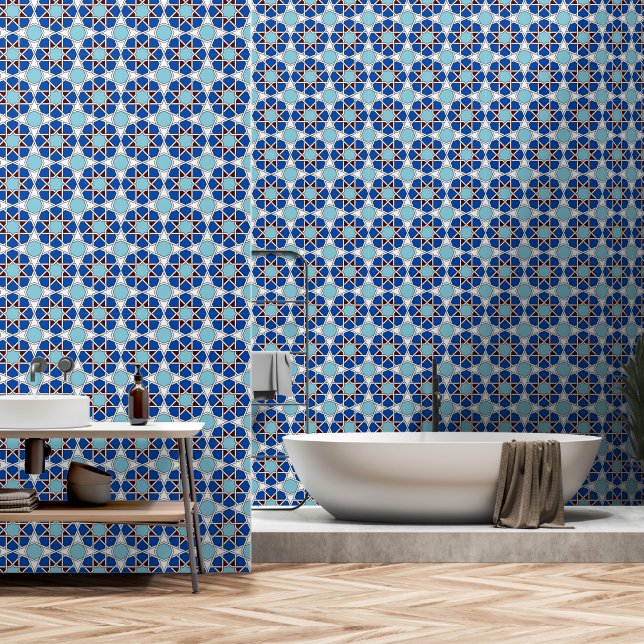 Papier Peint Bleu Oriental Blanc Marocain géométrique Arabesque (Salle de bain)