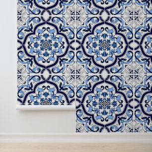 Papier Peint Bleu profond Blanc Floral Sicilien Carrelage Majol