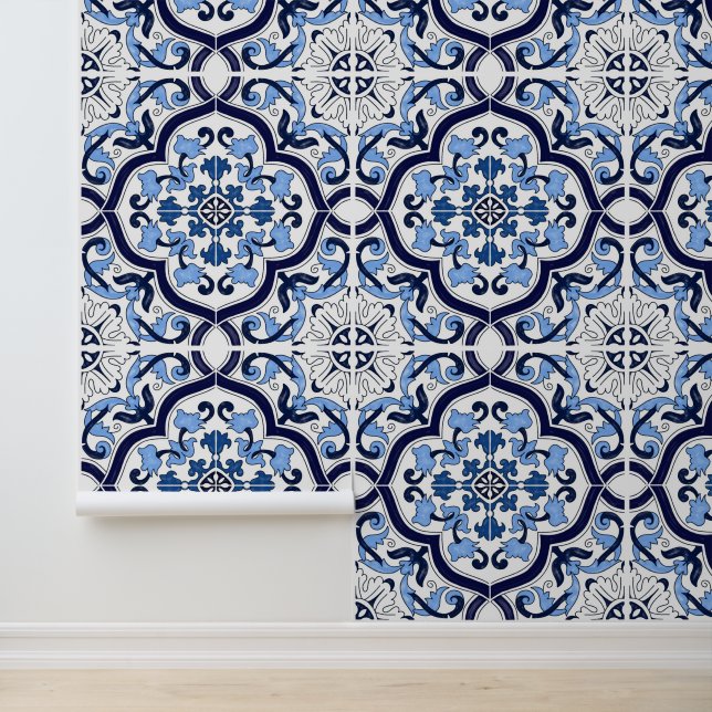 Papier Peint Bleu profond Blanc Floral Sicilien Carrelage Majol (Application)