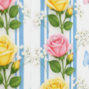 Papier peint bleu rayé roses jaunes et roses flora