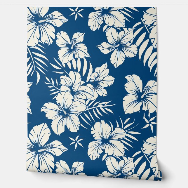 Papier Peint Bleu Tropical et Floral Blanc (Déroulement)