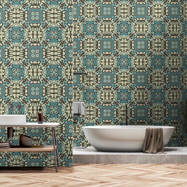 Papier Peint Bleu Turquoise vert Taupe Brown Bohemian Tribe Art (Salle de bain)