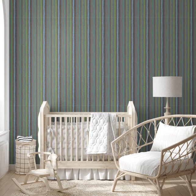 Papier Peint Bleu Vert Biologique Bleu Vertical Stripes Boho (Enfants)