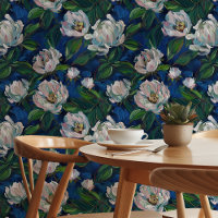 Blooms enchantés : Pies blanches sur Bleu Profond
