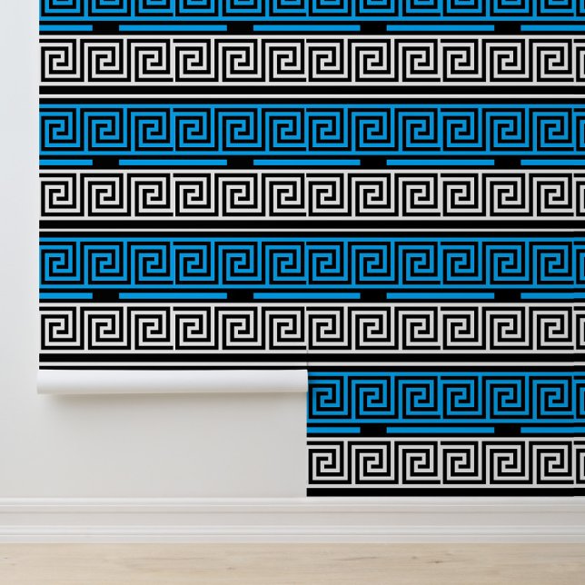 Papier Peint Blue Black White Greek Key Fret Pattern Design  (Créateur téléchargé)