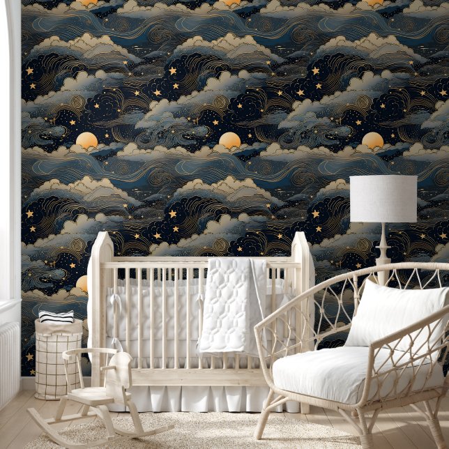Papier Peint Blue ciel étoiles lune rétro (Enfants)