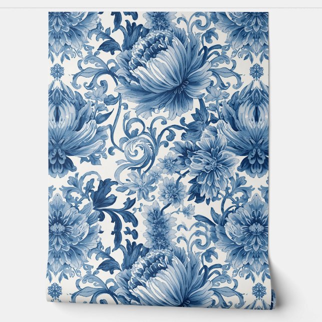 Papier Peint Blue Dreams | Floral Watercolor Chinoiserie (Déroulement)