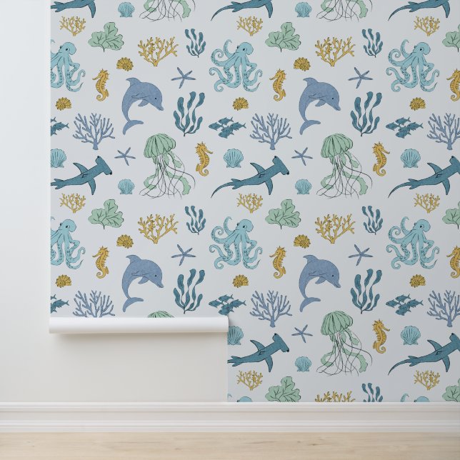 Papier Peint Blue Ocean Animals Boy's Room (Application)