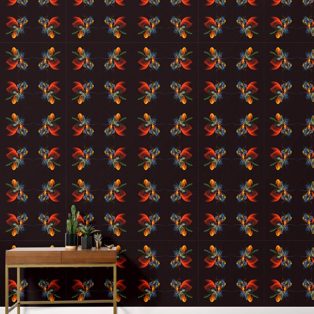 Papier Peint Blue Orange Floral Moderne Art Abstrait Motif #03 (Couloir)