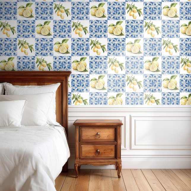 Papier Peint Blue Tile French Country Lemon Pattern (Créateur téléchargé)
