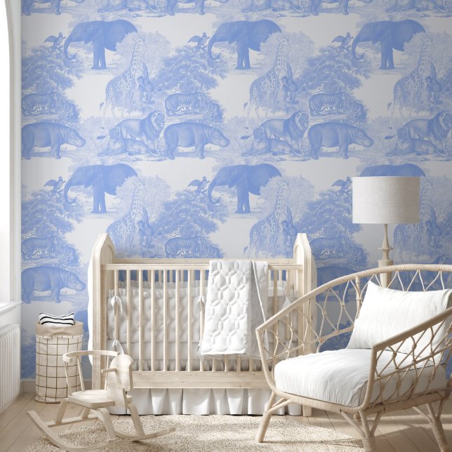 Papier Peint Blue Toile Jungle Animaux Safari Chinoiserie Garço (Enfants)