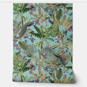 Papier Peint Blue Tropical Vintage Peacock Floral Rainforest