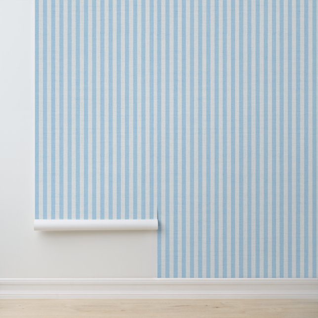 Papier Peint Blue Vertical Stripes Linen Look Coastal (Application)