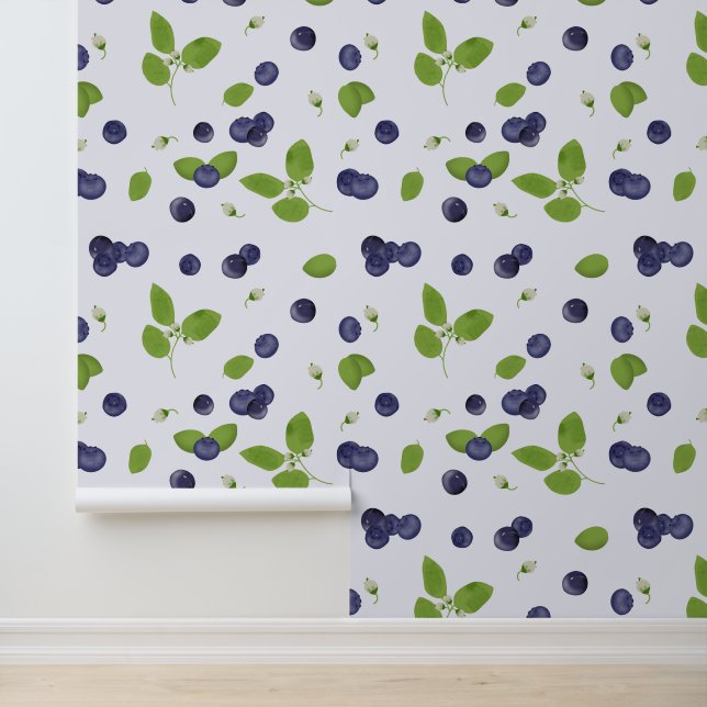 Papier Peint Blueberries Watercolor Blueberry Blossoms Foliage (Application)