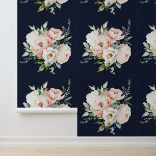 Papier Peint Blush Ivory White Peonies Rose Floral Navy