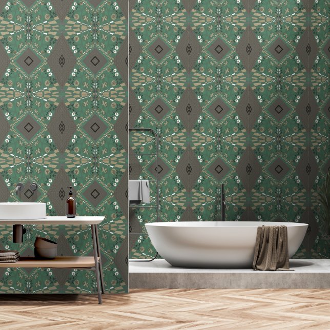Papier Peint Bohème Chintz Illustration Vert Champignons Blanc (Salle de bain)