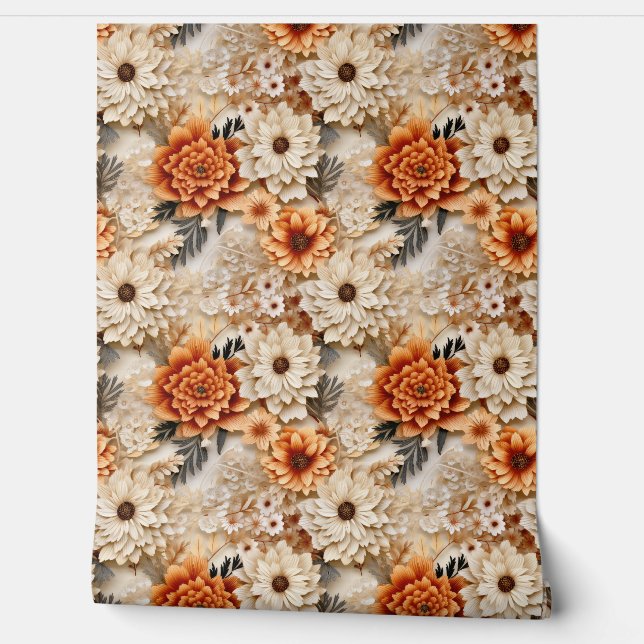 Papier Peint Boho 3d automne automne fleur sauvage terre cuite  (Déroulement)