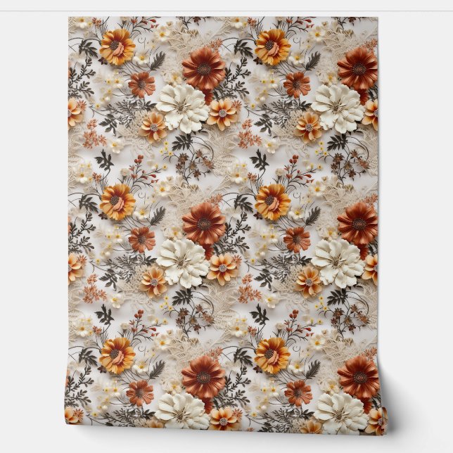 Papier Peint Boho 3d automne automne fleur sauvage terre cuite  (Déroulement)