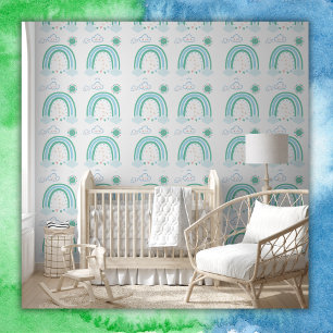 Papier Peint Boho arc-en-ciel vert simple en blanc