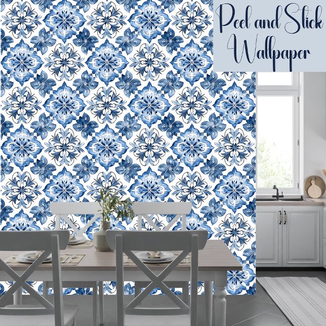 Papier Peint Boho Bleu Motif Méditerranéen Peel Et Bâton (Créateur téléchargé)