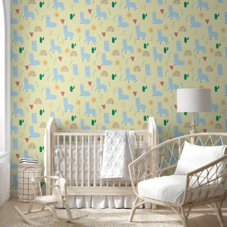 Papier Peint Boho Blue Llama Rainbows Jaune Baby Boy Nursery