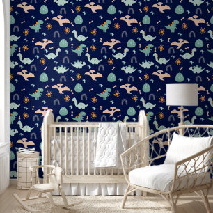Papier Peint Boho Dinosaures Adventure Dark Blue Nursery