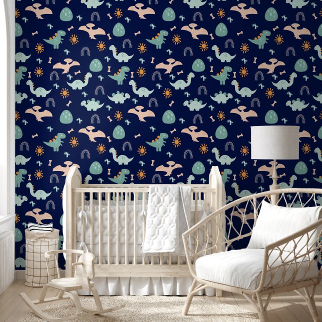 Papier Peint Boho Dinosaures Adventure Dark Blue Nursery (Enfants)