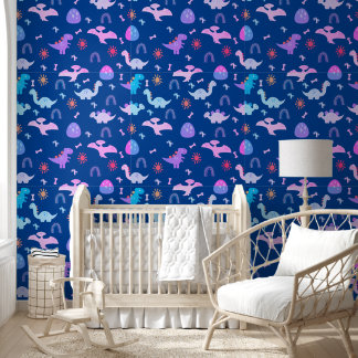 Papier Peint Boho Dinosaures couleur bleu foncé Nursery