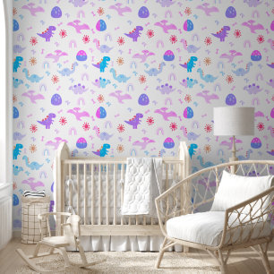 Papier Peint Boho Dinosaures rose pourpre bleu Nursery