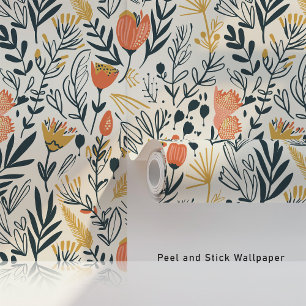 Papier Peint Boho du milieu du siècle Floral Coral Mustard Turq