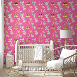 Papier Peint Boho Elephant Moon Buggy Bright Rose Girl Nursery