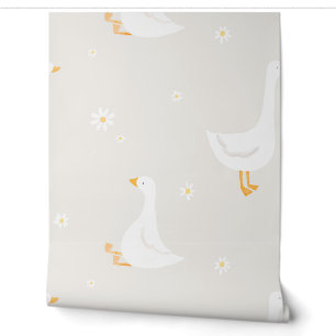 Papier Peint Boho Goose Duck Daisy Floral Blanc Beige Nursery