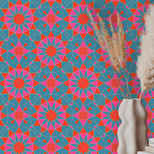 Papier Peint Boho Marocain Géométrique Turquoise Rose Bleu