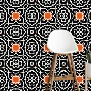 Papier Peint Boho Marocain noir blanc Orange dynamique géométri