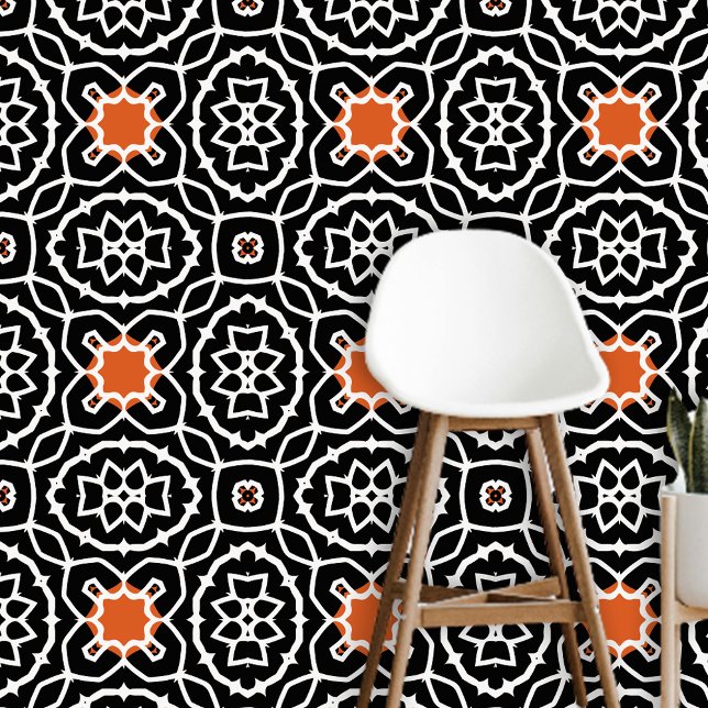 Papier Peint Boho Marocain noir blanc Orange dynamique géométri (Créateur téléchargé)