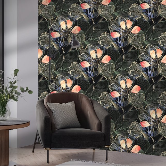 Papier Peint Boho moderne foncé élégant Floral Noir (Créateur téléchargé)
