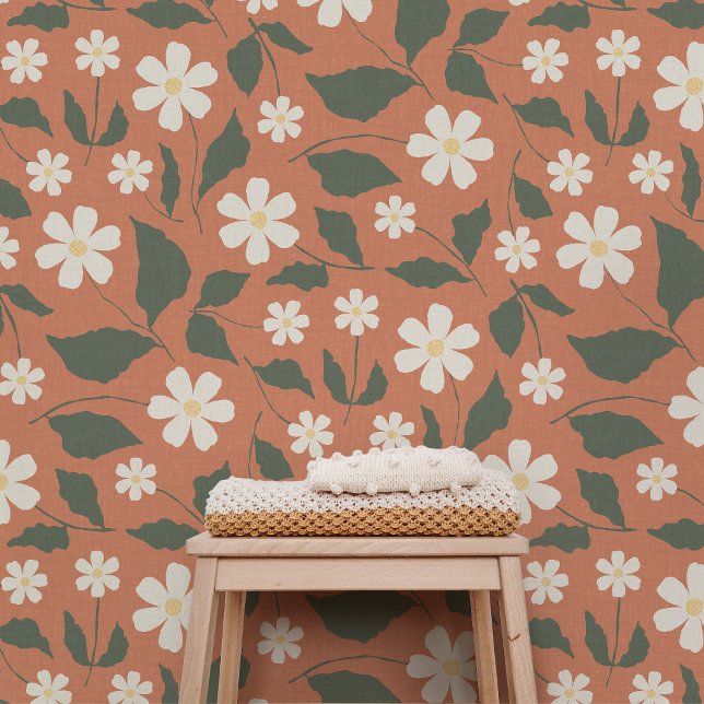 Papier Peint Boho Moderne Motif Fleur Terracotta Sauge (Terracotta Sweet Daisy botanical wallpaper by Erica MacDonald.)